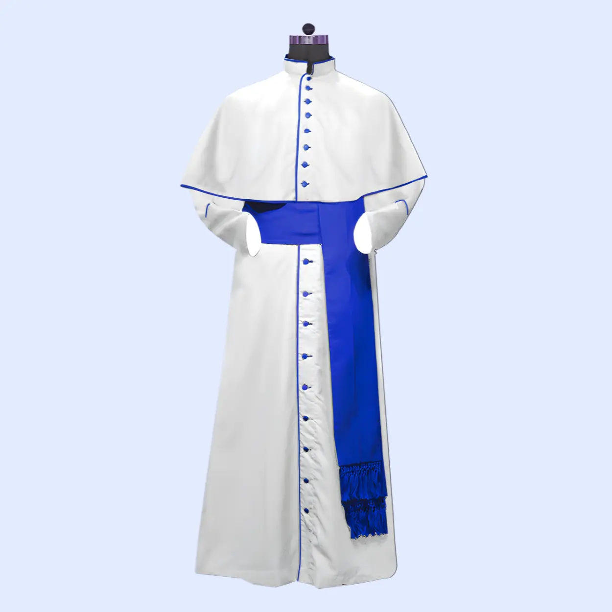 White Roman Cassock with Blue Trim & Mozzetta – Custom Clergy Vestment - Image 2