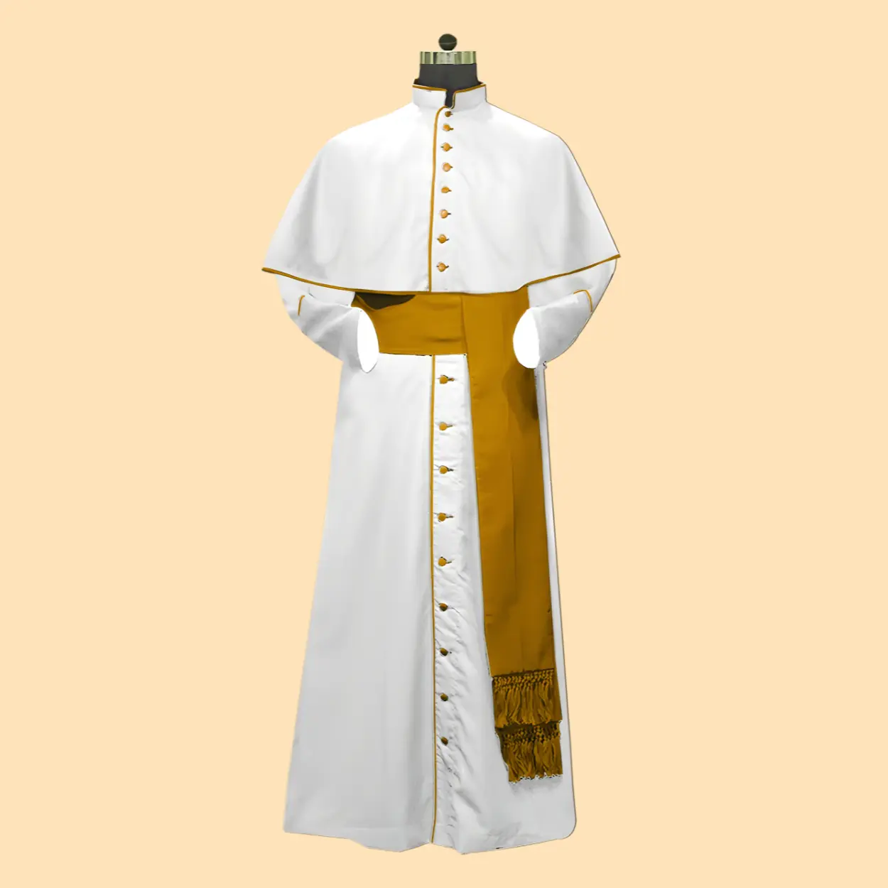 White Roman Cassock with Ochre Trim & Mozzetta – Custom Clergy Vestment - Image 2