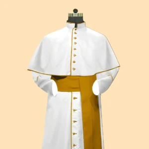 White Roman Cassock with Ochre Trim & Mozzetta – Custom Clergy Vestment