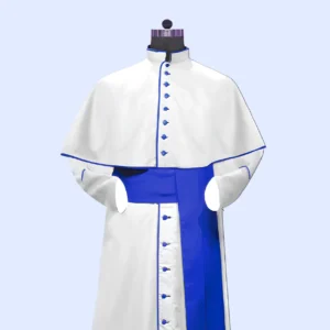 White Roman Cassock with Blue Trim & Mozzetta – Custom Clergy Vestment