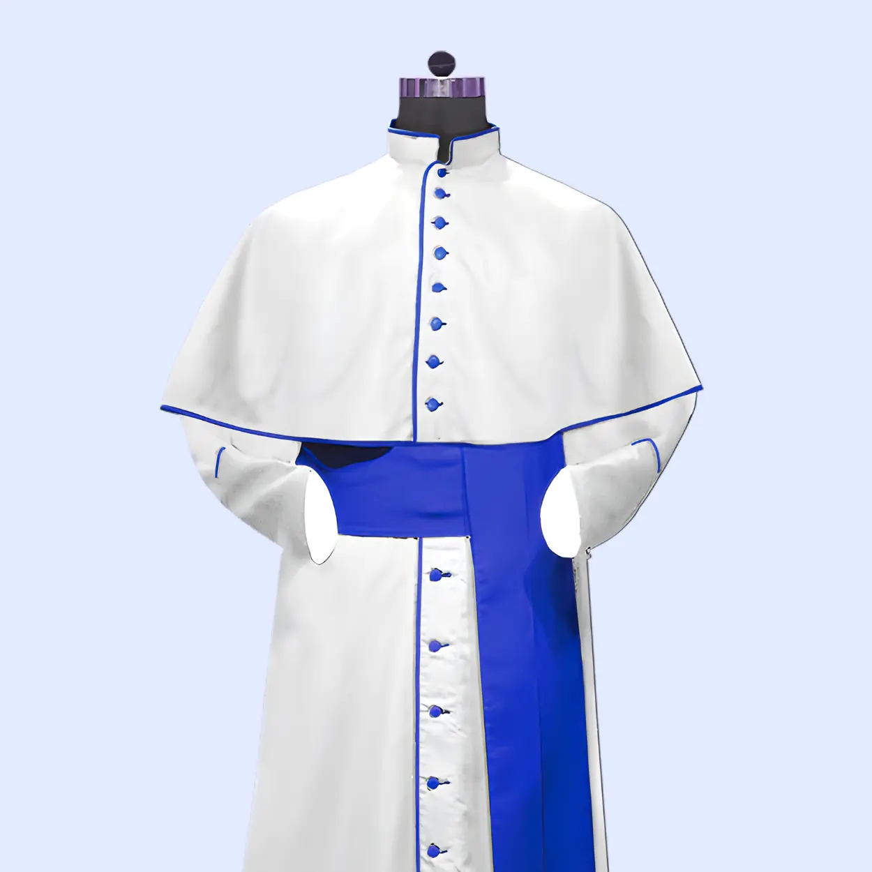 White Roman Cassock with Blue Trim & Mozzetta – Custom Clergy Vestment