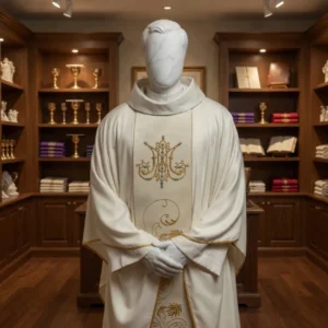 Liturgical Marian Chasuble with a velvet belt in ecru