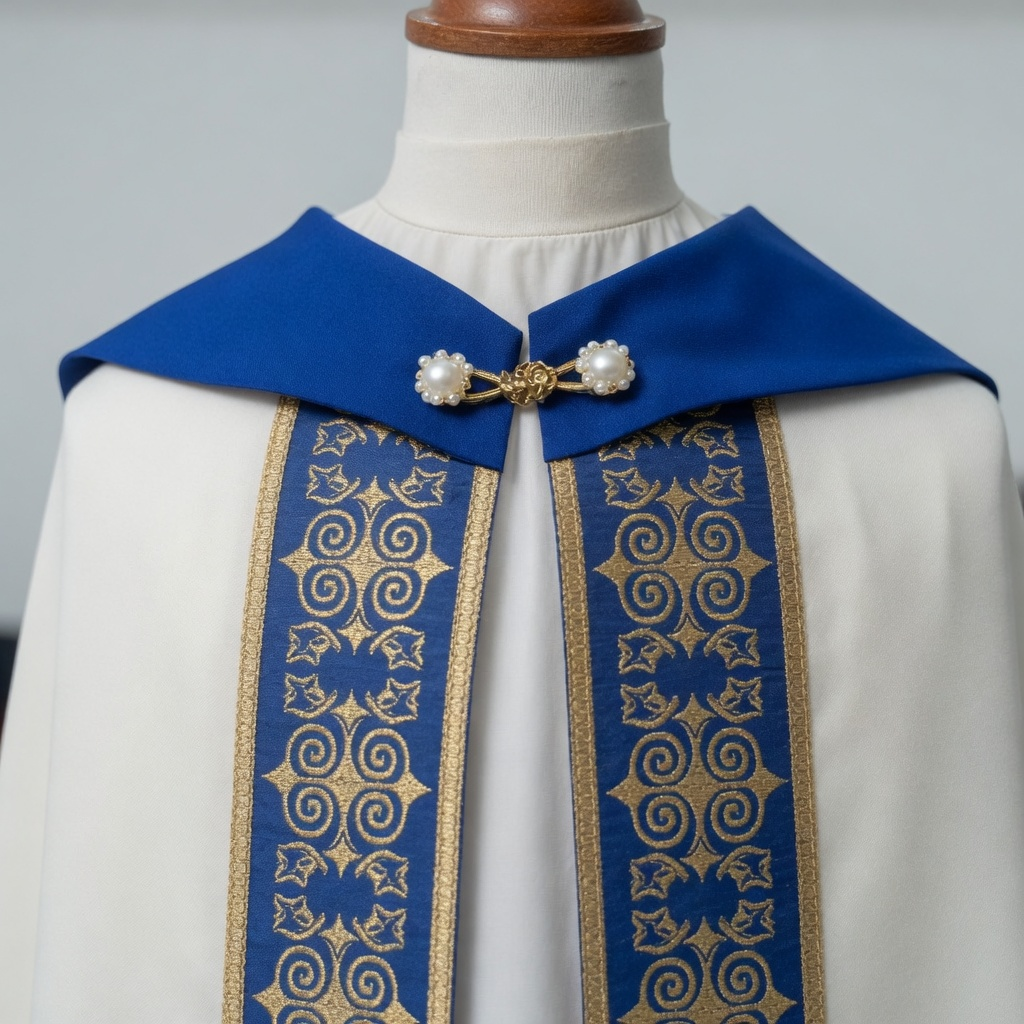 Premium Ecru Marian Gothic Cope with Blue Satin Lining and Gold Trim Premium Ecru Marian Gothic Cope with Blue Satin Lining and Gold Trim - Image 2