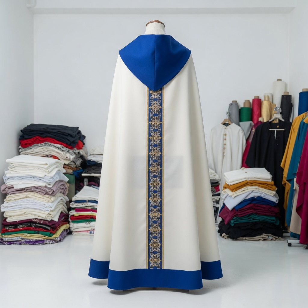 Premium Ecru Marian Gothic Cope with Blue Satin Lining and Gold Trim Premium Ecru Marian Gothic Cope with Blue Satin Lining and Gold Trim - Image 3