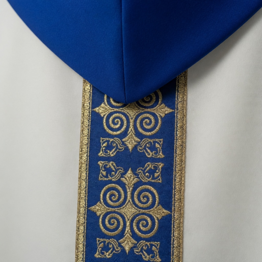 Premium Ecru Marian Gothic Cope with Blue Satin Lining and Gold Trim Premium Ecru Marian Gothic Cope with Blue Satin Lining and Gold Trim - Image 4